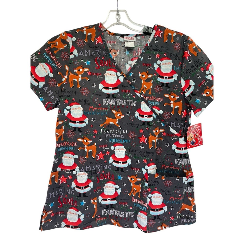 Rudolph The Red Nose Reindeer Black V-Neck Scrub Top Womens Medium (J9) NWTs